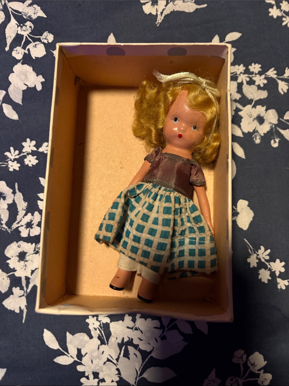Vintage Blonde Doll in Blue Plaid Dress